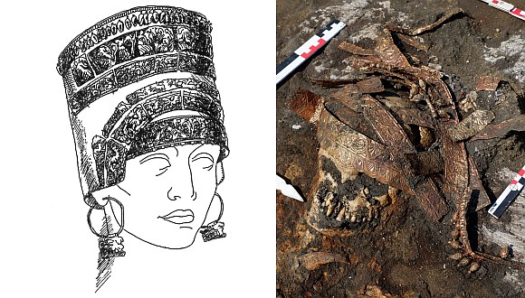 Right: Calaf details in situ. Barrow No. 9 burial ground of the Maiden V. Left: graphic reconstruction of calaf from the mound No. 8 of the Pesochinsky burial ground. Babenko L.I. Pesochinsky burial mound of Scythian time. (Kharkov: Ryder Publishing House, 2005. P. 248, Fig. 15: 3).